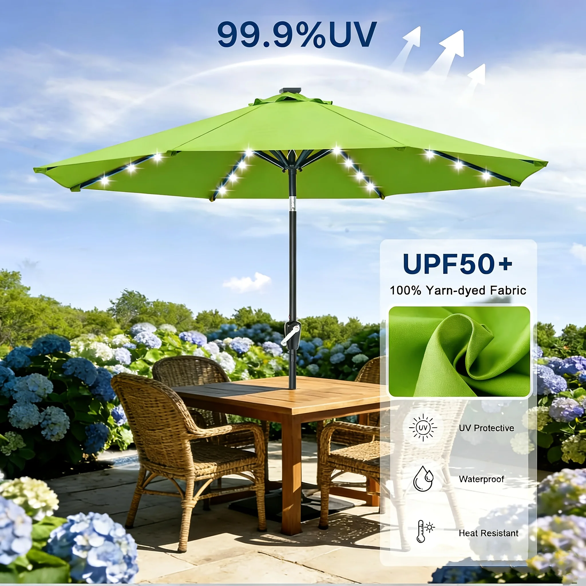 9ft Solar-Powered LED Patio Umbrella, Durable Outdoor Market Table Umbrella, Ventilated Sunshade with Push-Button Tilt, 32 LED Lights, UV Protection, Suitable for Gardens, Pools, Patios, and Yards. Base Not Included LODEIJA
9ft Solar-Powered LED Patio Umbrella, Durable Outdoor Market Table Umbrella, Ventilated Sunshade with Push-Button Tilt, 32 LED Lights, UV Protection, Suitable for Gardens, Pools, Patios, and Yards. Base Not Included LODEIJA