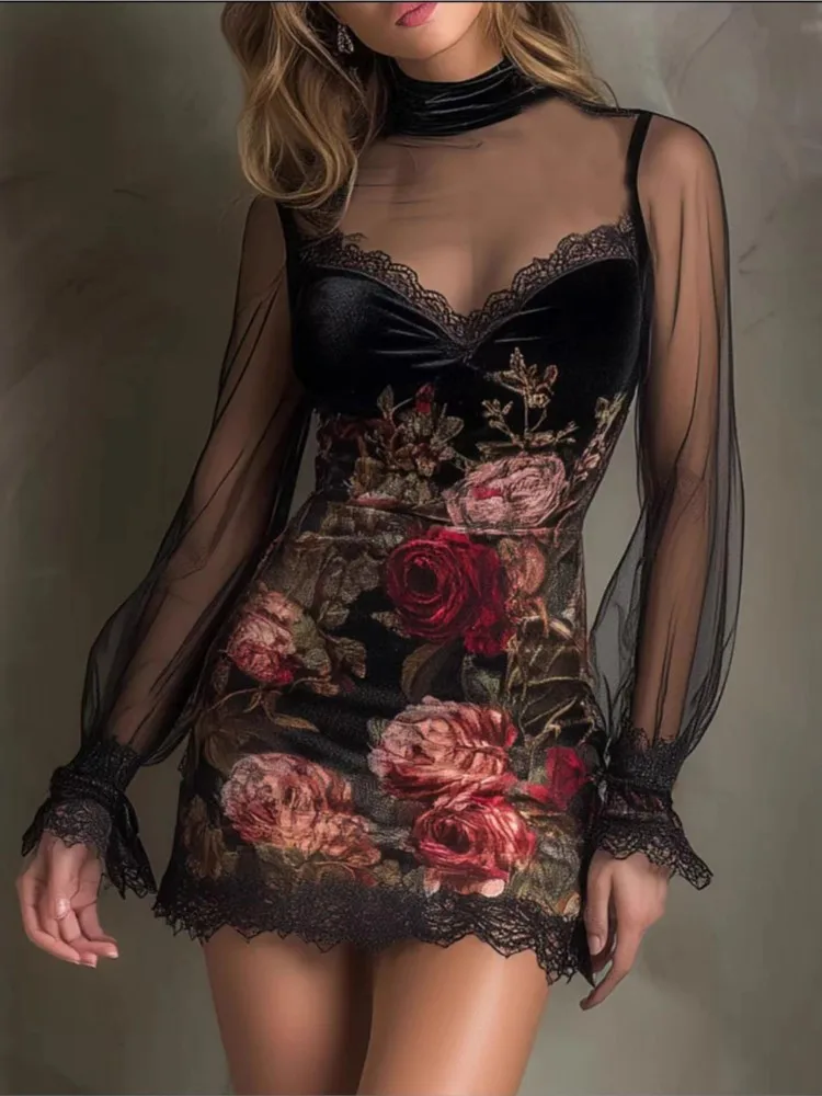 New Women's Sexy Lace Stitching Dress Spring And Autumn Temperament Elegant Floral Print Mesh Half-high Collar Hip Short Skirt
New Women's Sexy Lace Stitching Dress Spring And Autumn Temperament Elegant Floral Print Mesh Half-high Collar Hip Short Skirt