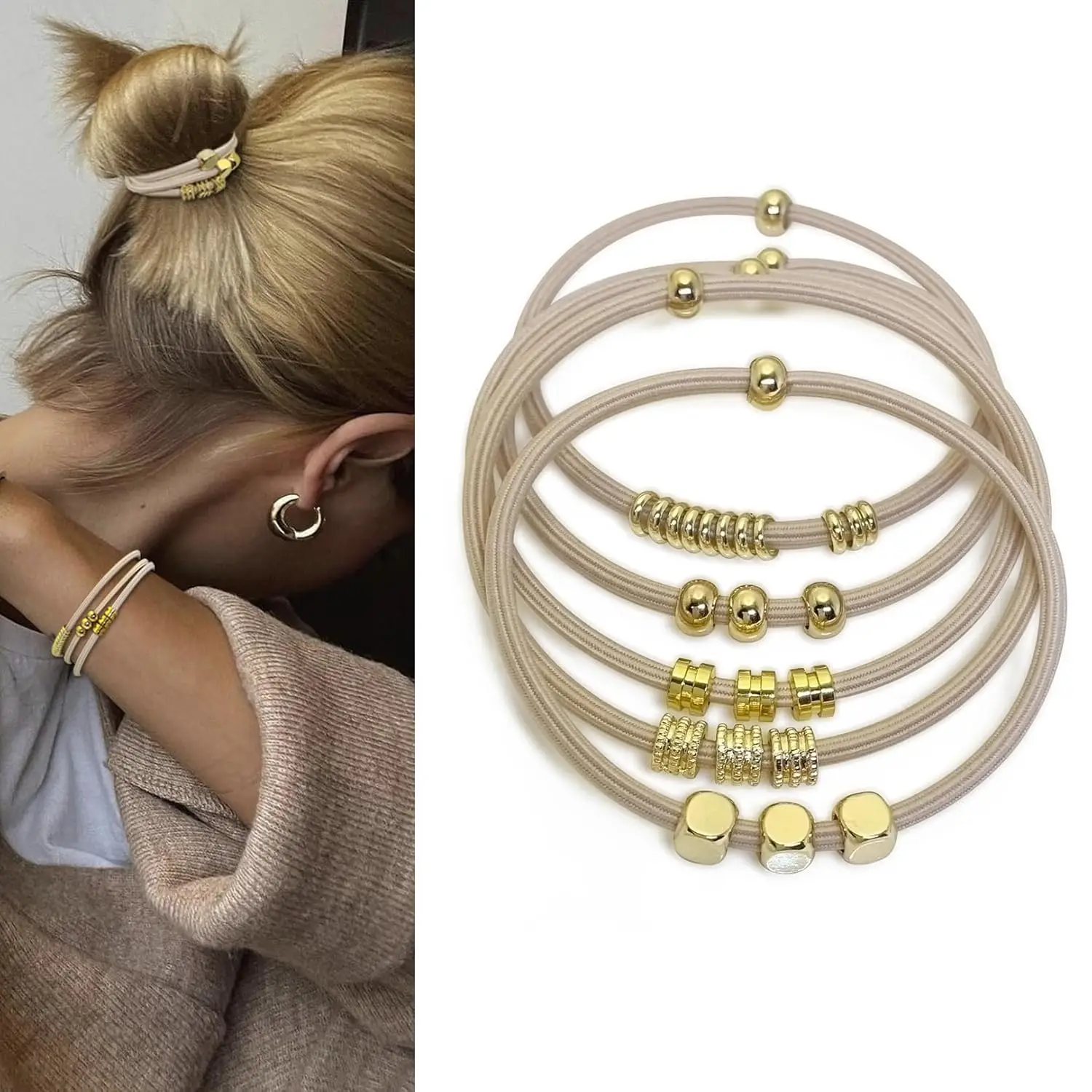 Blonde Boho Hair Ties Bracelet, Cute Ponytail Holders with Gold Bead Jewelry for Women, Trendy
Blonde Boho Hair Ties Bracelet, Cute Ponytail Holders with Gold Bead Jewelry for Women, Trendy