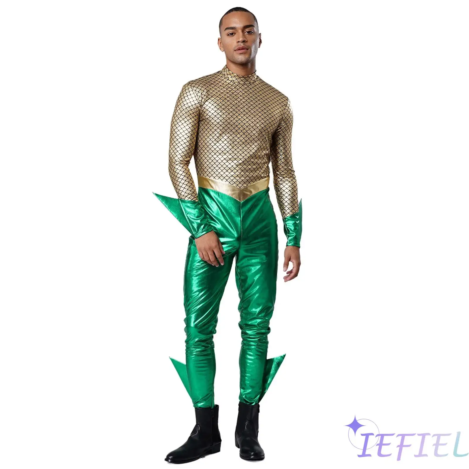 Premium Mens Movie Cosplay Jumpsuit with Metallic Fish Scale Print And Color Block Design Rompers for Halloween Roleplay Events 
Premium Mens Movie Cosplay Jumpsuit with Metallic Fish Scale Print And Color Block Design Rompers for Halloween Roleplay Events