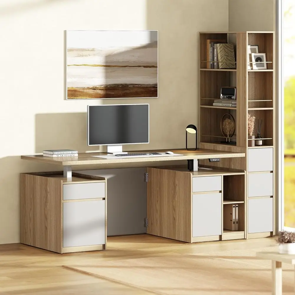 Executive Standing Desk 70.8 with Matching 71 Tall Bookcase, AC/USB Ports, File Cabinet, Double-Sided Shelves, Light Walnut Fini
Executive Standing Desk 70.8 with Matching 71 Tall Bookcase, AC/USB Ports, File Cabinet, Double-Sided Shelves, Light Walnut Fini