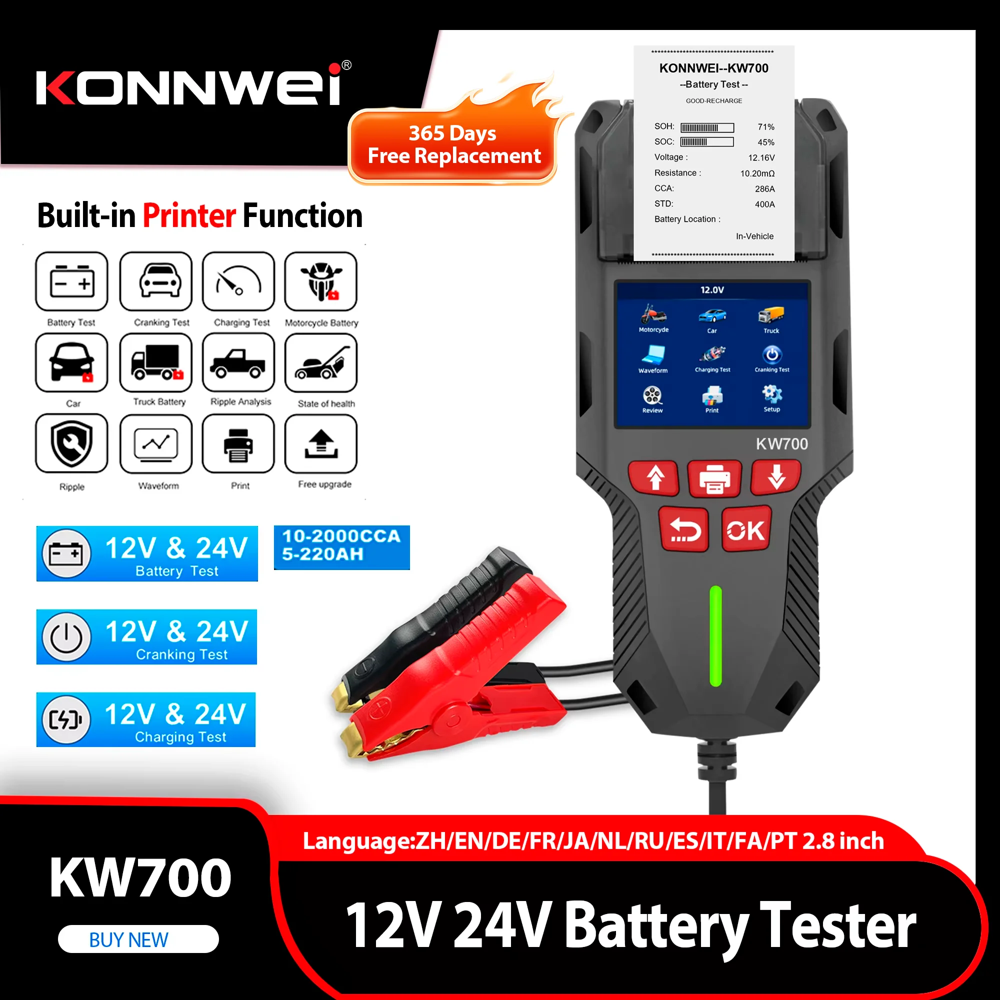 2026 KONNWEI KW700 12V 24V Car Battery Tester Truck Moto With Print Function Ripple Battery Analyzer Cranking Charging Test Tool
2026 KONNWEI KW700 12V 24V Car Battery Tester Truck Moto With Print Function Ripple Battery Analyzer Cranking Charging Test Tool