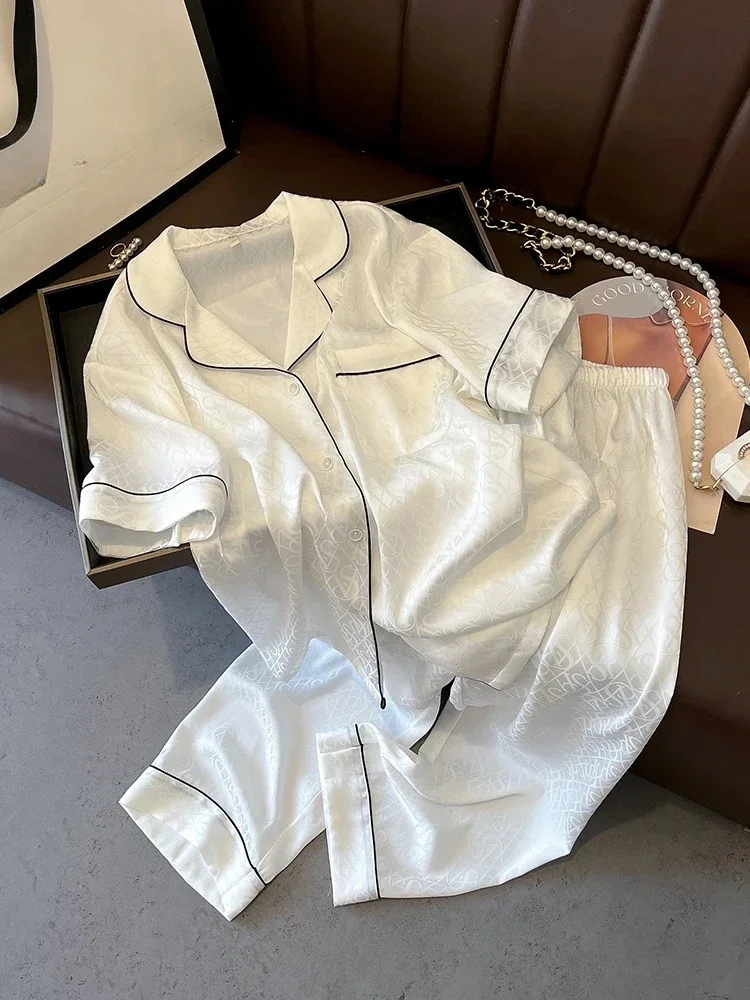 New sleepwear short sleeved high-end white mulberry silk home suit set
New sleepwear short sleeved high-end white mulberry silk home suit set