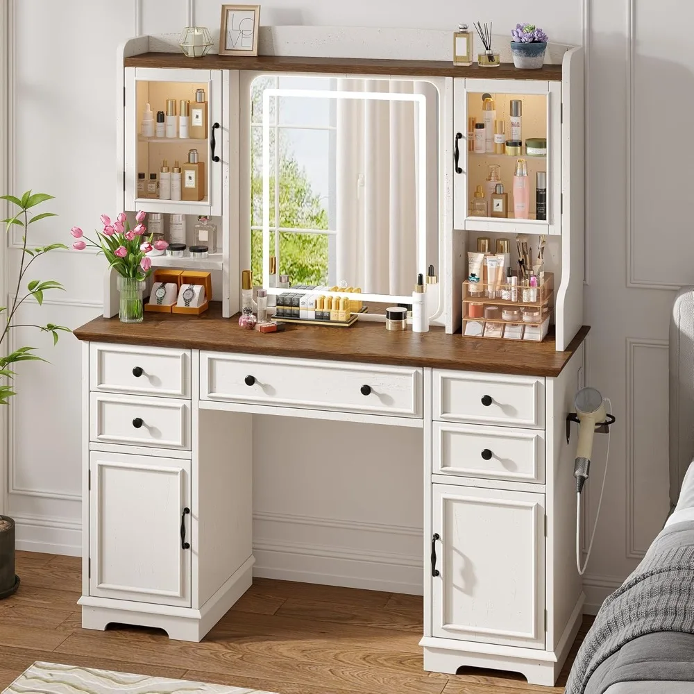 Farmhouse Vanity Desk w/ LED Lighted Mirror,Makeup Vanity Table w/ RGB Cabinets and Lots Storage,5 Drawers and 6 Storage Shelves
Farmhouse Vanity Desk w/ LED Lighted Mirror,Makeup Vanity Table w/ RGB Cabinets and Lots Storage,5 Drawers and 6 Storage Shelves