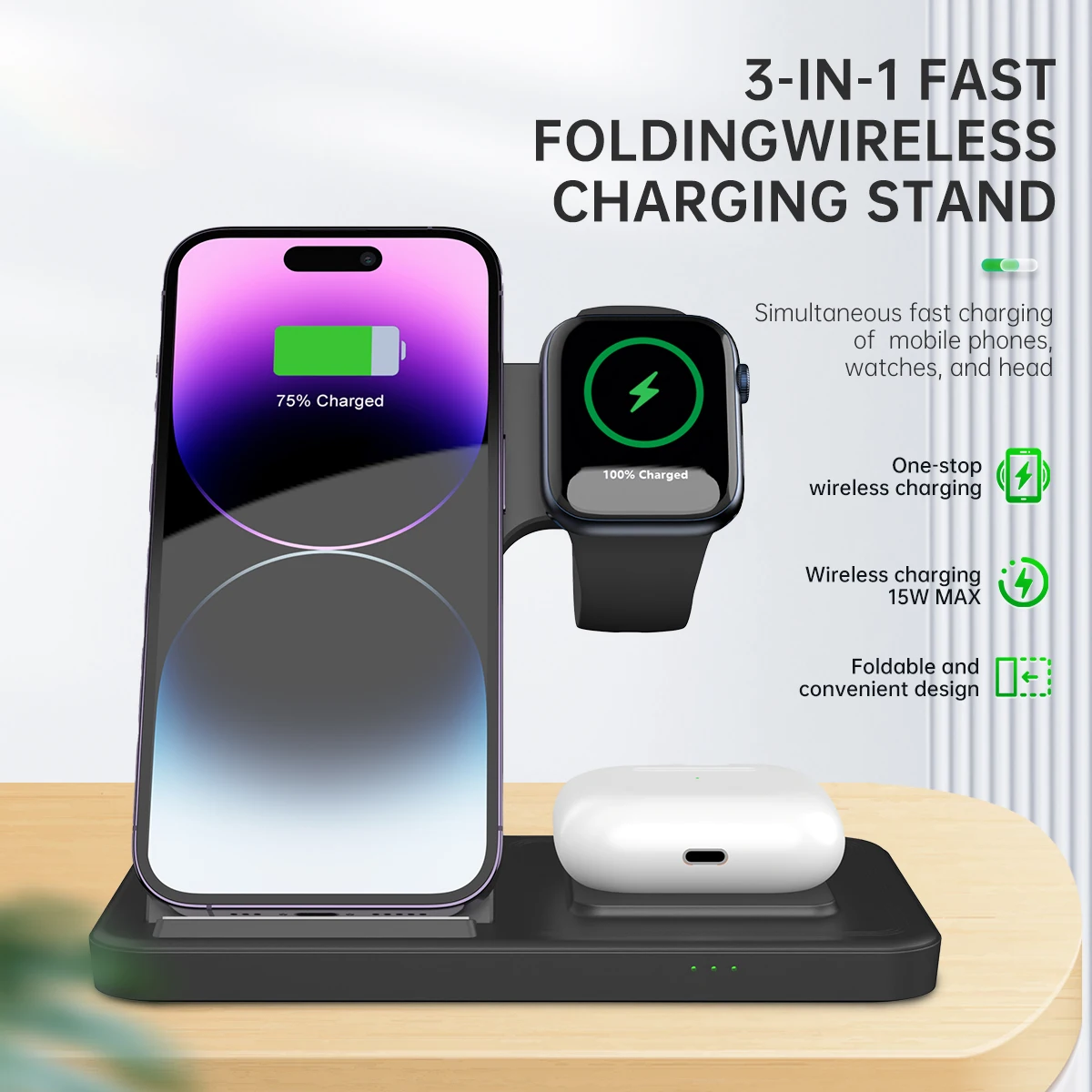 Foldable Wireless Charger for Mobile Phone, Fast Charging, Apple IWatch Headset, Airpods, 3 in 1
Foldable Wireless Charger for Mobile Phone, Fast Charging, Apple IWatch Headset, Airpods, 3 in 1