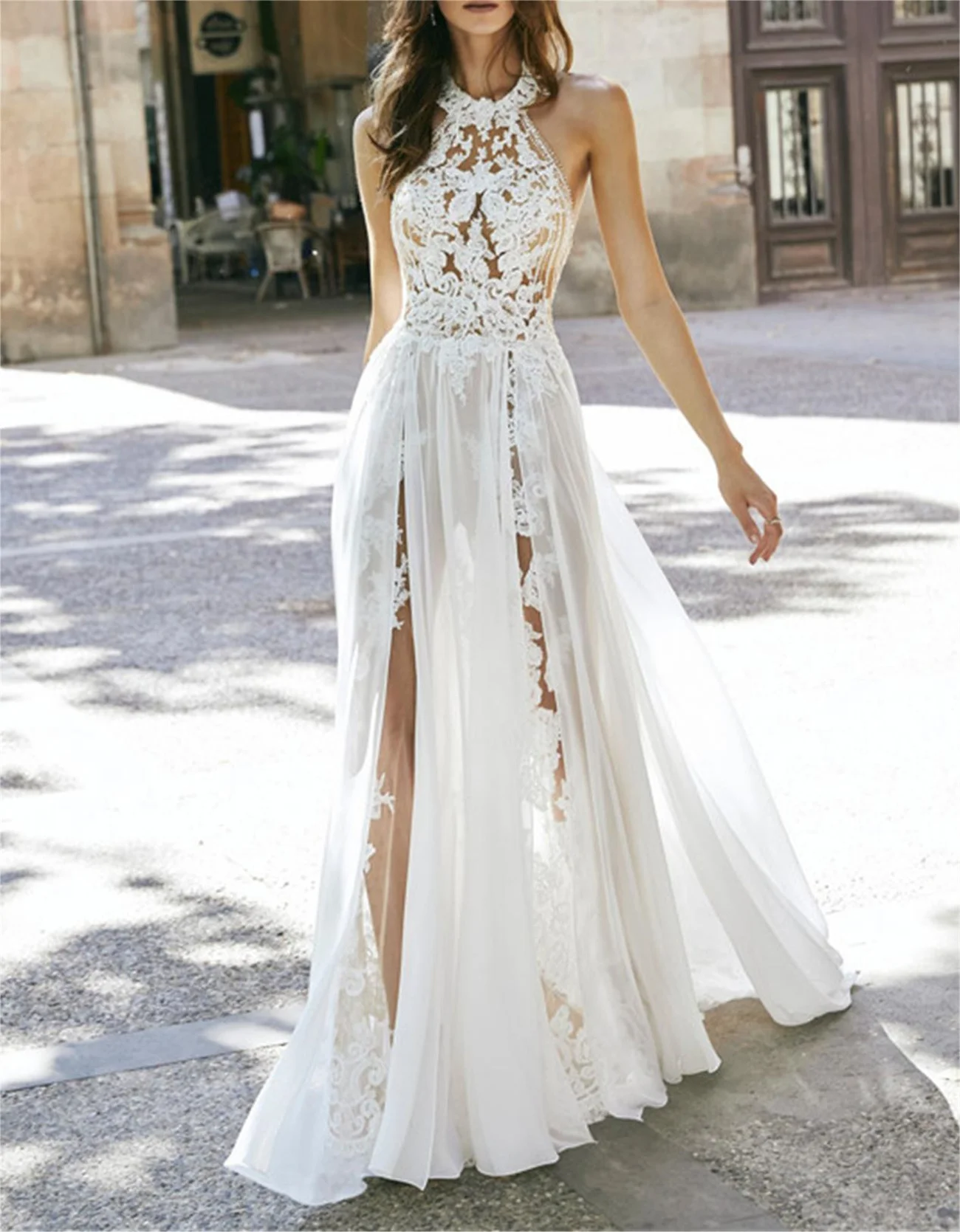 Simple White Wedding Dress High Neck Sleeveless Prom Gown Lace Beaded Chiffon Sheer Sexy Backless Summer Stage 2024 New Custom
Simple White Wedding Dress High Neck Sleeveless Prom Gown Lace Beaded Chiffon Sheer Sexy Backless Summer Stage 2024 New Custom