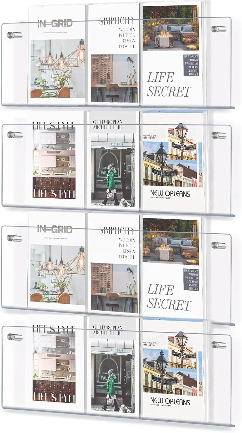 4-Pack Clear Acrylic Magazine Holder Wall Mount Hanging Bookshelf for Living Room, Office, Home Display
4-Pack Clear Acrylic Magazine Holder Wall Mount Hanging Bookshelf for Living Room, Office, Home Display