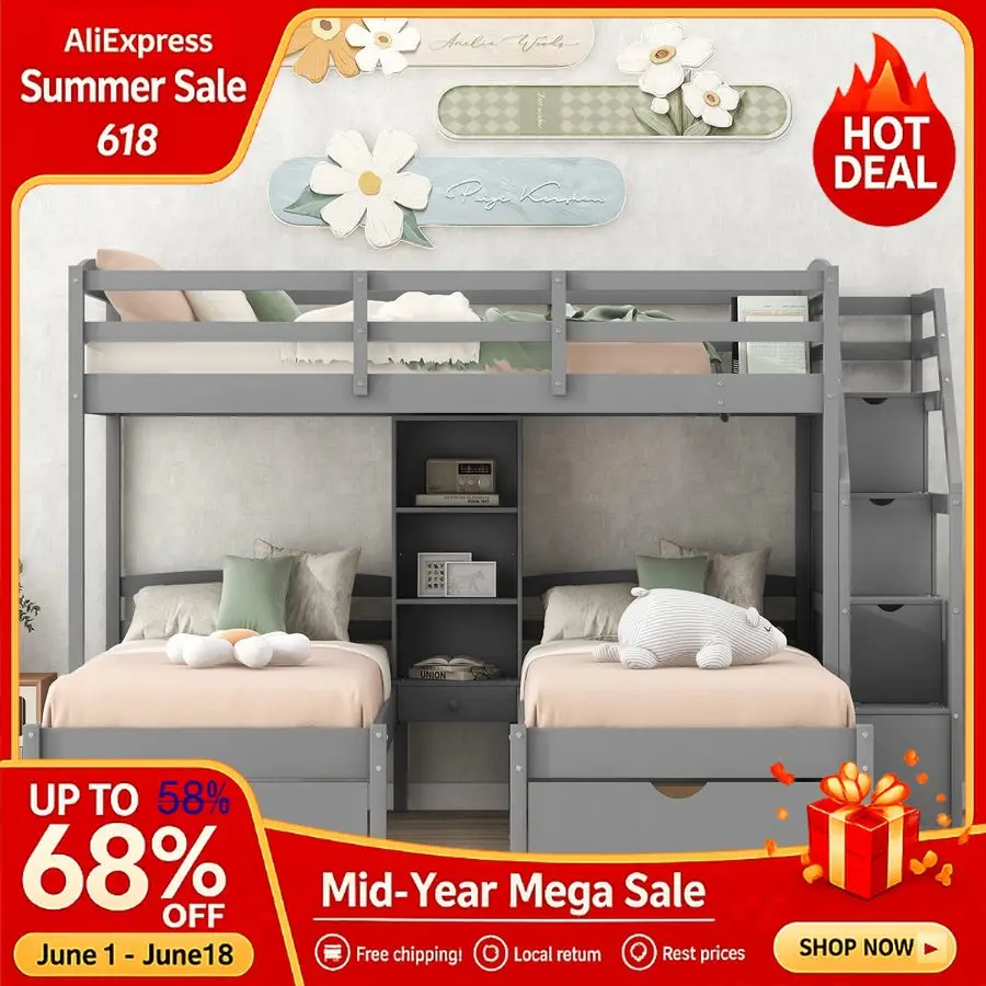 Triple Bunk Beds with Stairs and Storage Drawers, Twin Over TwinTwin Bunk Bed for 3 Kids, Wooden 3 Bunk Beds Frame with Builtin
Triple Bunk Beds with Stairs and Storage Drawers, Twin Over TwinTwin Bunk Bed for 3 Kids, Wooden 3 Bunk Beds Frame with Builtin
