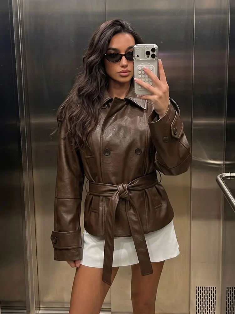 Womens Brown Faux Leather Jackets Trench Belted Long Sleeve Coat For Woman Office Business Casual Coat High Street Outwear
Womens Brown Faux Leather Jackets Trench Belted Long Sleeve Coat For Woman Office Business Casual Coat High Street Outwear