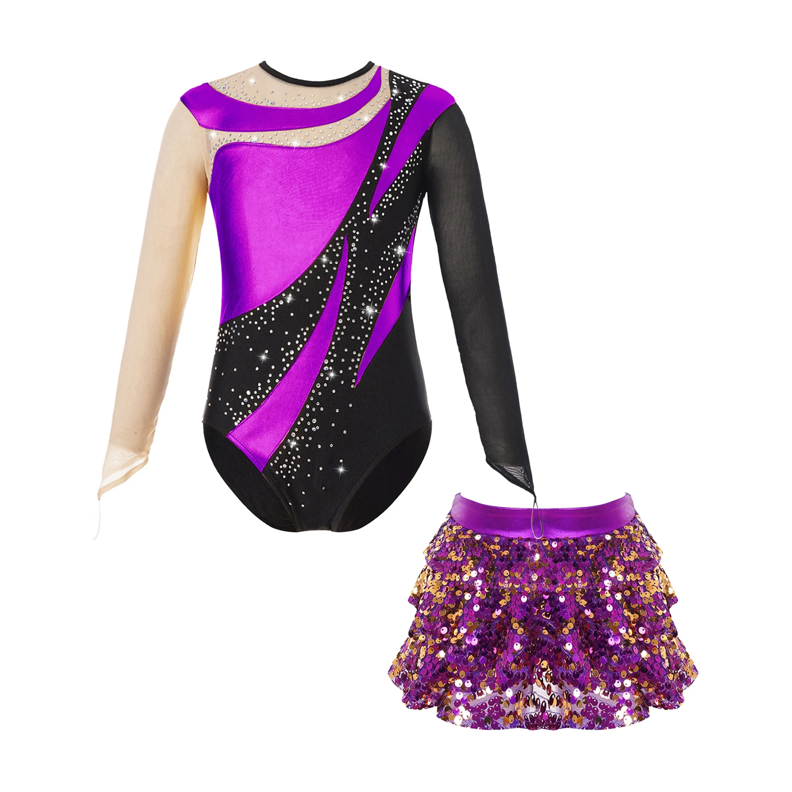 Kids Girls Patchwork Long Sleeve Leotard with Shiny Sequins Tiered Ruffle Skirted Shorts Set for Figure Skating Gymnastics Dance
Kids Girls Patchwork Long Sleeve Leotard with Shiny Sequins Tiered Ruffle Skirted Shorts Set for Figure Skating Gymnastics Dance