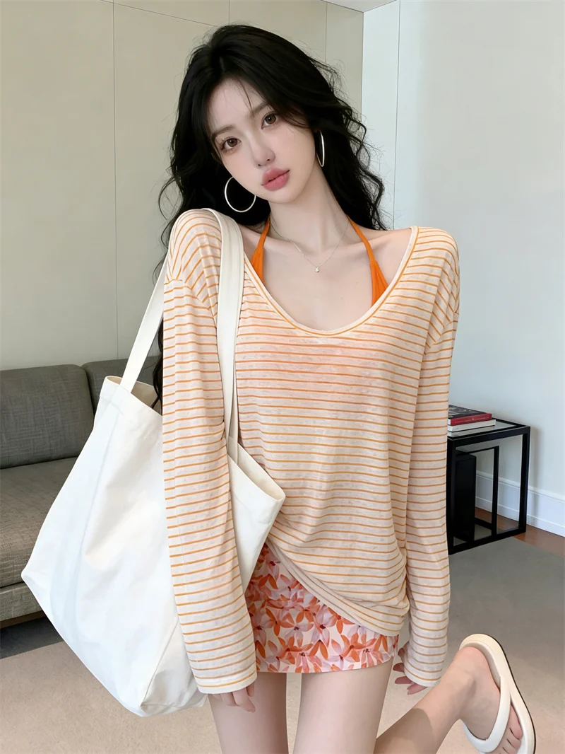 Summer Vacation Style Striped Long Sleeve T-Shirt Women's Sun Protection Cover up Floral Halter Midi Skirt Spring Summe...
Summer Vacation Style Striped Long Sleeve T-Shirt Women's Sun Protection Cover up Floral Halter Midi Skirt Spring Summe...