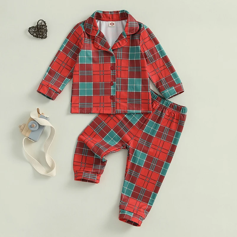 Kids Plaid Print Pajama Sets Lapel Neck Button-up Tops Long Pant Christmas 2 Pieces Loungewear Set 
Kids Plaid Print Pajama Sets Lapel Neck Button-up Tops Long Pant Christmas 2 Pieces Loungewear Set