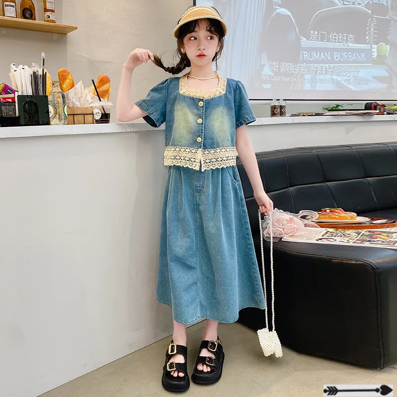 Summer junior Girls Denim Set Short Sleeve Top Skirt 2pcs Teen Kid Clothes Blue Fashion Thin Casual kids suit 4-12 Child Outfits
Summer junior Girls Denim Set Short Sleeve Top Skirt 2pcs Teen Kid Clothes Blue Fashion Thin Casual kids suit 4-12 Child Outfits