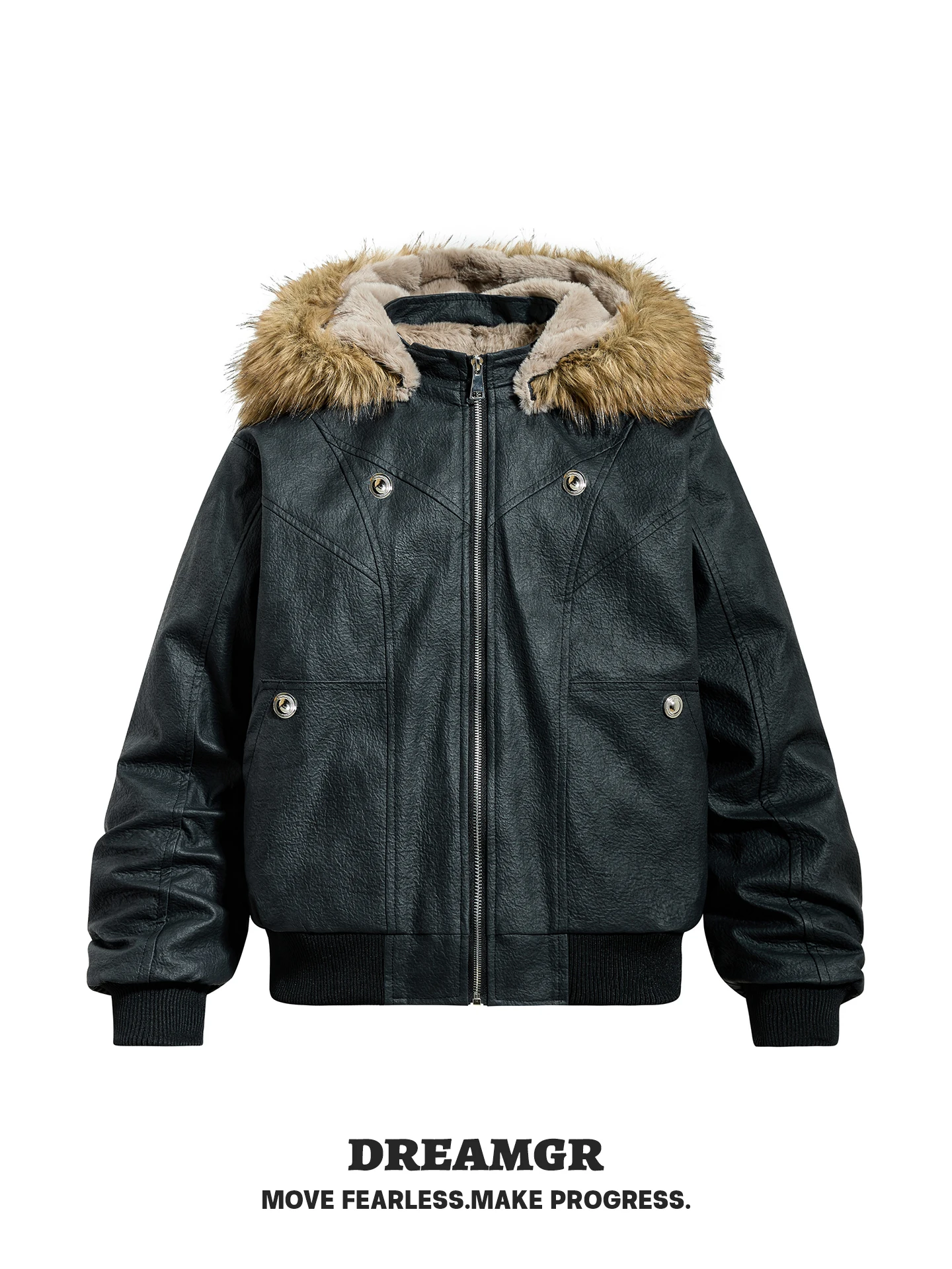 Утепленная куртка из искусственной кожи для мужчин, зимняя теплая свободная рабочая куртка с металлическим декором, съемным капюшоном и полиэстеровым наполнителем
Утепленная куртка из искусственной кожи для мужчин, зимняя теплая свободная рабочая куртка с металлическим декором, съемным капюшоном и полиэстеровым наполнителем