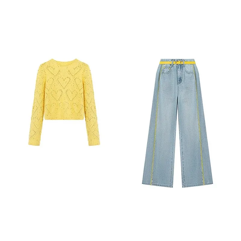 Dopamine round Neck Hollow out Knitwear And Slim Straight Jeans Women's Fashion Set 2026 New Style Summer Autumn Wear
Dopamine round Neck Hollow out Knitwear And Slim Straight Jeans Women's Fashion Set 2026 New Style Summer Autumn Wear
