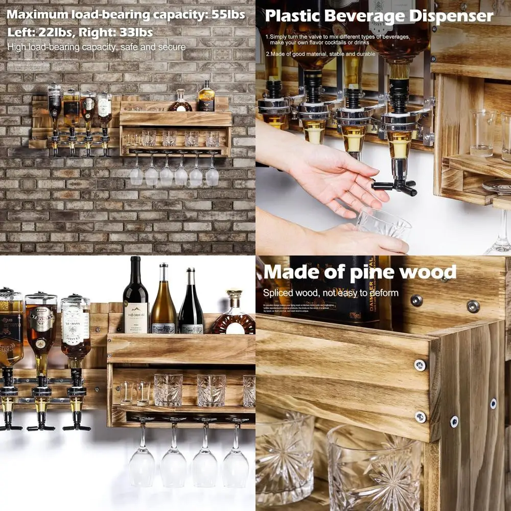 Rustic Wall-Mounted Wine Rack with 4-Bottle Dispenser & Stemware Holder for Home Bar & Kitchen
Rustic Wall-Mounted Wine Rack with 4-Bottle Dispenser & Stemware Holder for Home Bar & Kitchen