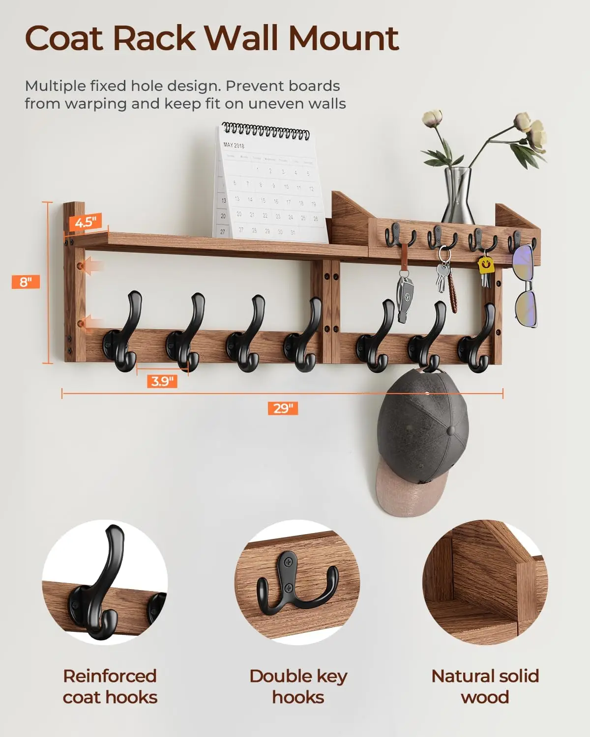 29" Coat Rack Wall Mount with Shelf, 4 in 1 Entryway Key Holder with 7 Coat Hooks 4 Key Hangers Mail Organizer, Wood Wall Shelf
29" Coat Rack Wall Mount with Shelf, 4 in 1 Entryway Key Holder with 7 Coat Hooks 4 Key Hangers Mail Organizer, Wood Wall Shelf