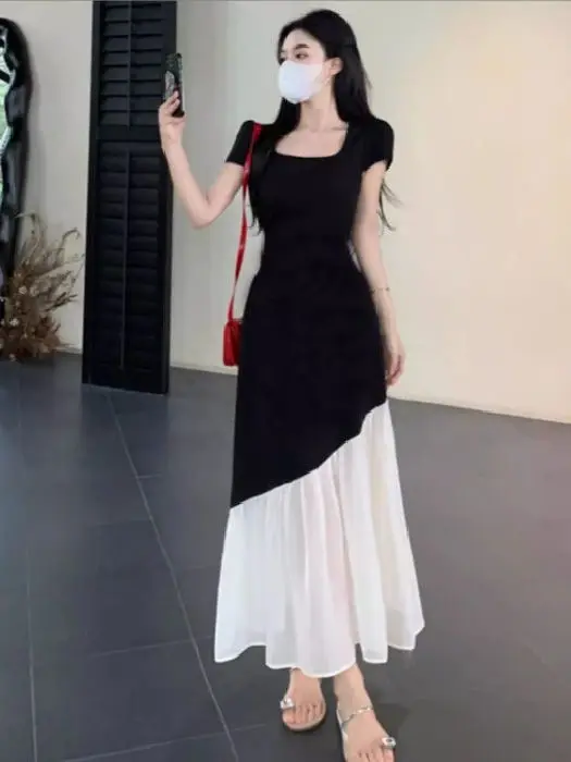 Elegant Splice Black White Dress Women's Slimming A-Line Summer New Style Dress Polished Waist-Cinching Midi Dress
Elegant Splice Black White Dress Women's Slimming A-Line Summer New Style Dress Polished Waist-Cinching Midi Dress
