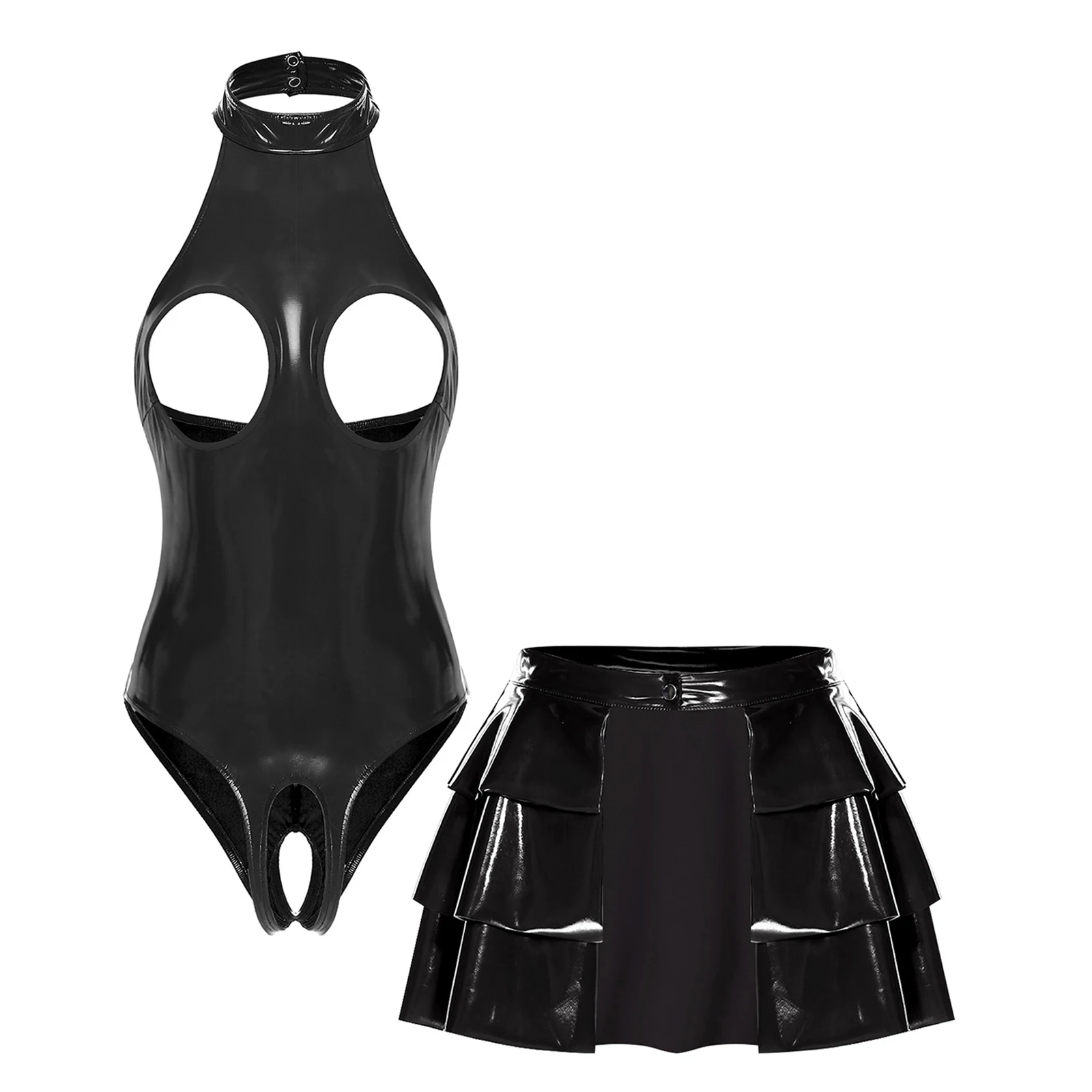 Open Crotch Halter Bodysuit for Women Glossy PU Leather Cutout Chest Backless with Tiered Ruffled Open Front Miniskirt
Open Crotch Halter Bodysuit for Women Glossy PU Leather Cutout Chest Backless with Tiered Ruffled Open Front Miniskirt