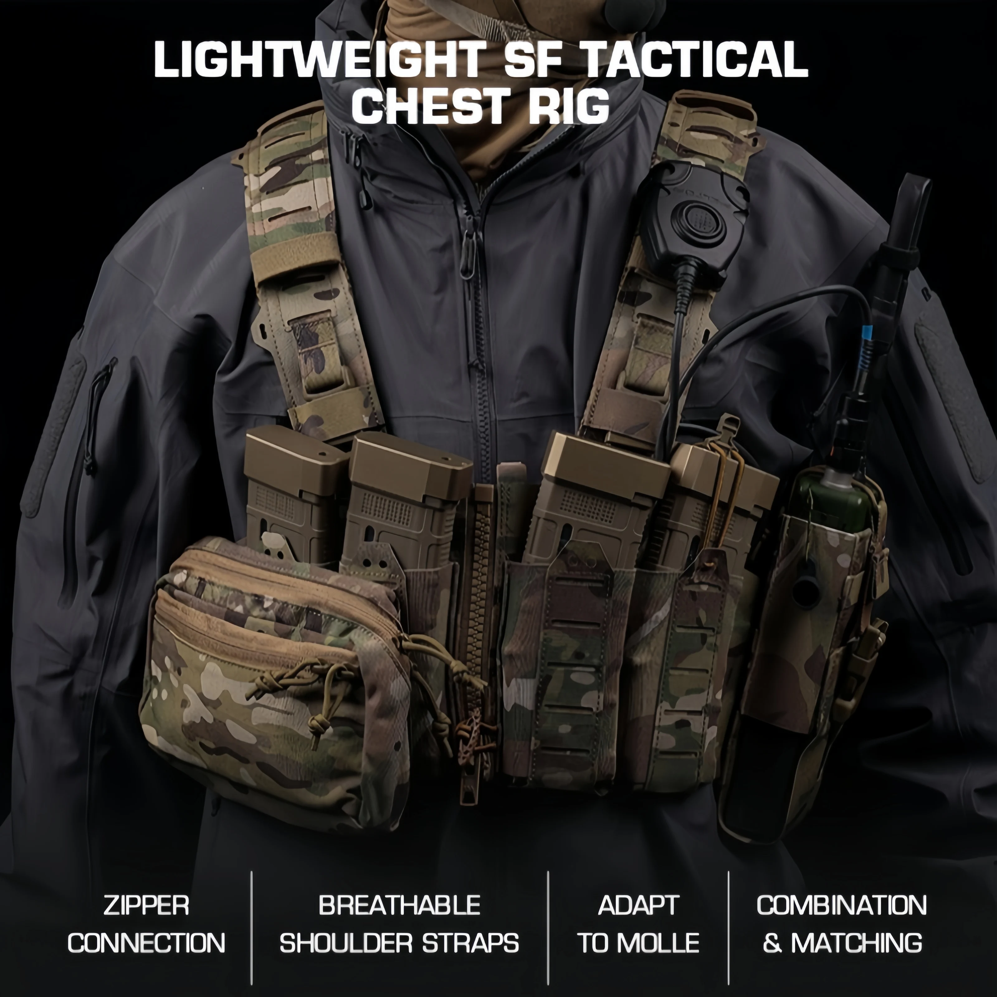 Lightweight SF chest strap, zipper connection for fixation, multiple combinations for matching, H-shaped shoulder strap design
Lightweight SF chest strap, zipper connection for fixation, multiple combinations for matching, H-shaped shoulder strap design