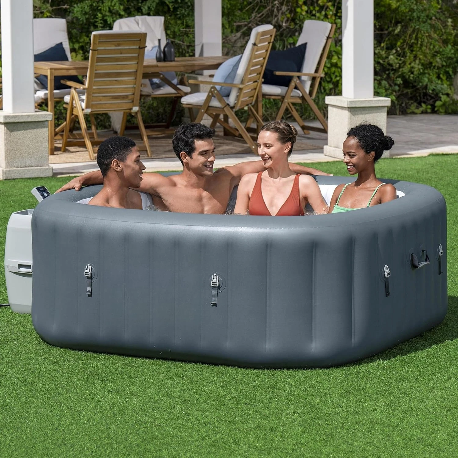 Large Square 4-6 Person Inflatable Hot Tub Portable Outdoor Spa 140 AirJets EnergySense Cover, Custom
Large Square 4-6 Person Inflatable Hot Tub Portable Outdoor Spa 140 AirJets EnergySense Cover, Custom