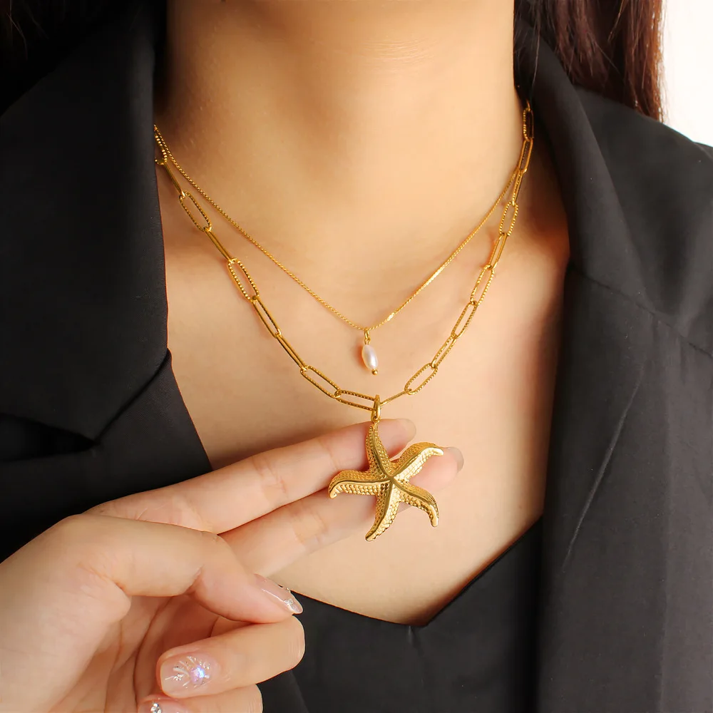 DIY accessories Double Stacked Pearl Starfish Pendant Necklace Autumn and Winter with Sweater Chain Stainless Steel 18K Gold Ele
DIY accessories Double Stacked Pearl Starfish Pendant Necklace Autumn and Winter with Sweater Chain Stainless Steel 18K Gold Ele