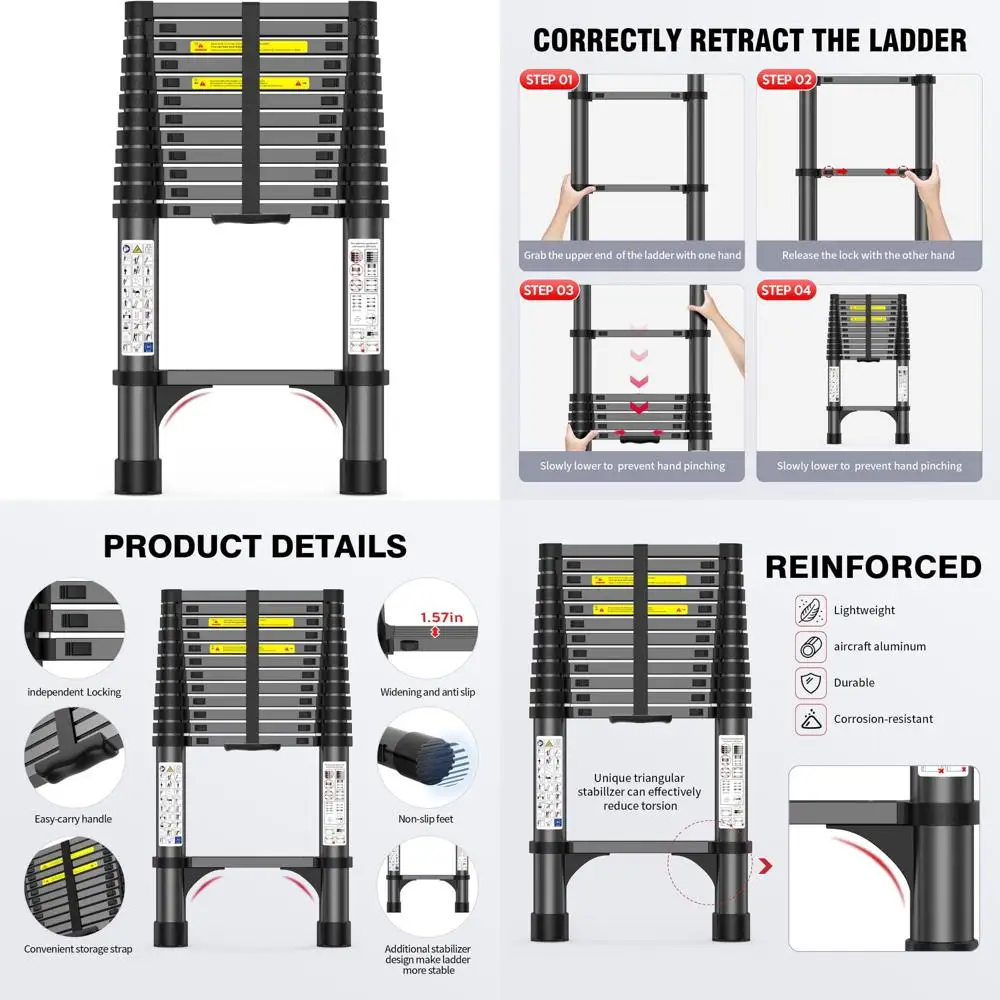 Алюминиевая телескопическая лестница высотой 12,5 футов для тяжелых условий эксплуатации емкостью 330 фунтов, противоскользящие ступеньки для безопасного доступа к чердаке и даху.
Алюминиевая телескопическая лестница высотой 12,5 футов для тяжелых условий эксплуатации емкостью 330 фунтов, противоскользящие ступеньки для безопасного доступа к чердаке и даху.