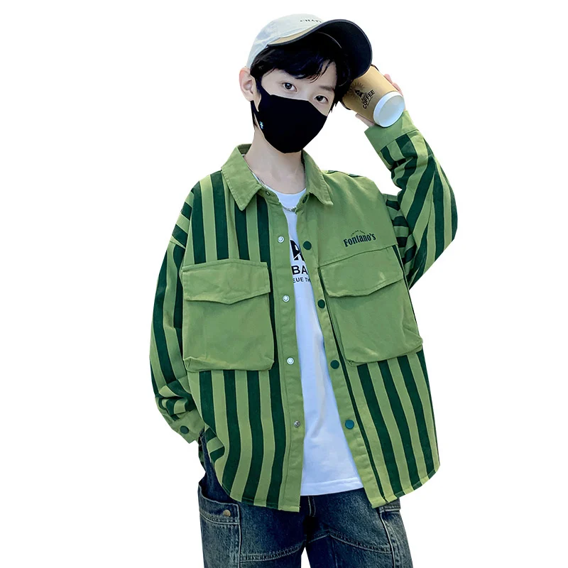 Spring Child Vertical Striped Shirt For Boys Fashion Green Blouse with Front Pocket Teenager Kids Cool Street Outerwear Clothing
Spring Child Vertical Striped Shirt For Boys Fashion Green Blouse with Front Pocket Teenager Kids Cool Street Outerwear Clothing