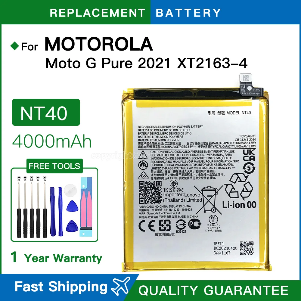 Genuine Brand new 4000mAh Phone Battery NT40 For Motorola Moto G Pure XT2163 (2021) E20 XT2155 +free tools spare battey
Genuine Brand new 4000mAh Phone Battery NT40 For Motorola Moto G Pure XT2163 (2021) E20 XT2155 +free tools spare battey