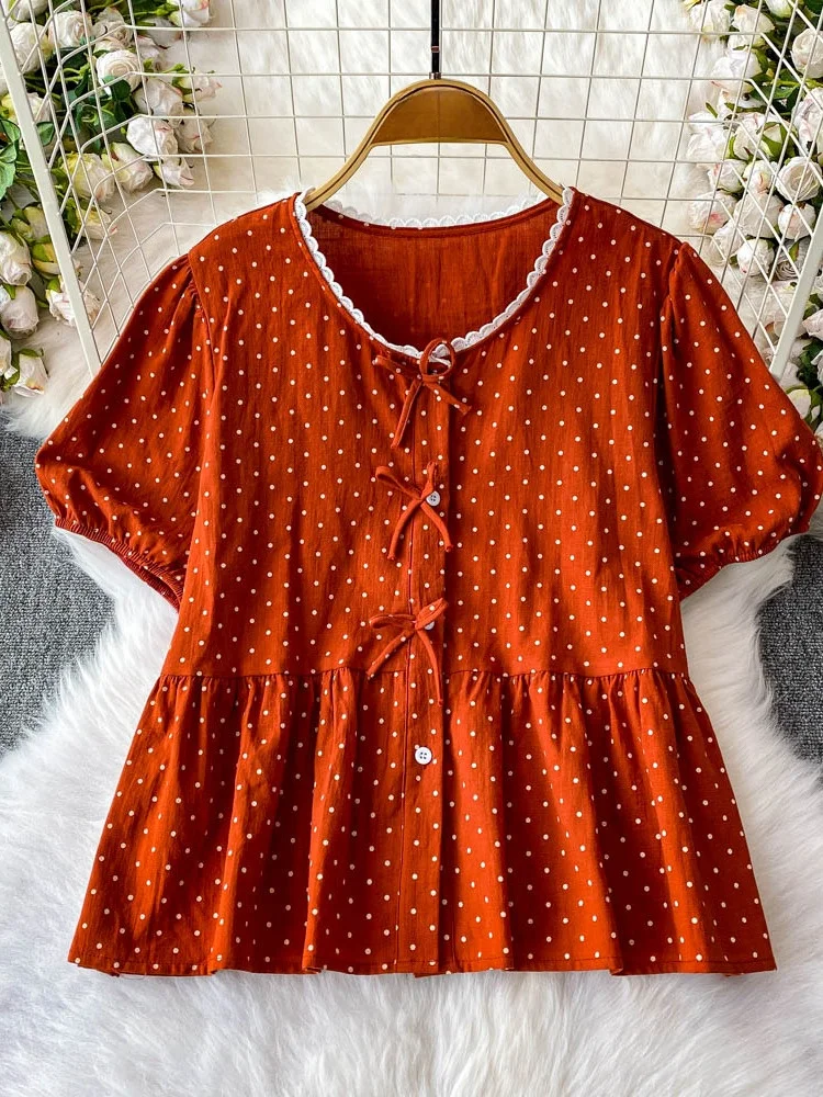 Polka Dot Sweet Lace Bubble Sve Loose Fit round Ne Women's irt Design Single Button Slimming Hemline Top Korean Sle
Polka Dot Sweet Lace Bubble Sve Loose Fit round Ne Women's irt Design Single Button Slimming Hemline Top Korean Sle