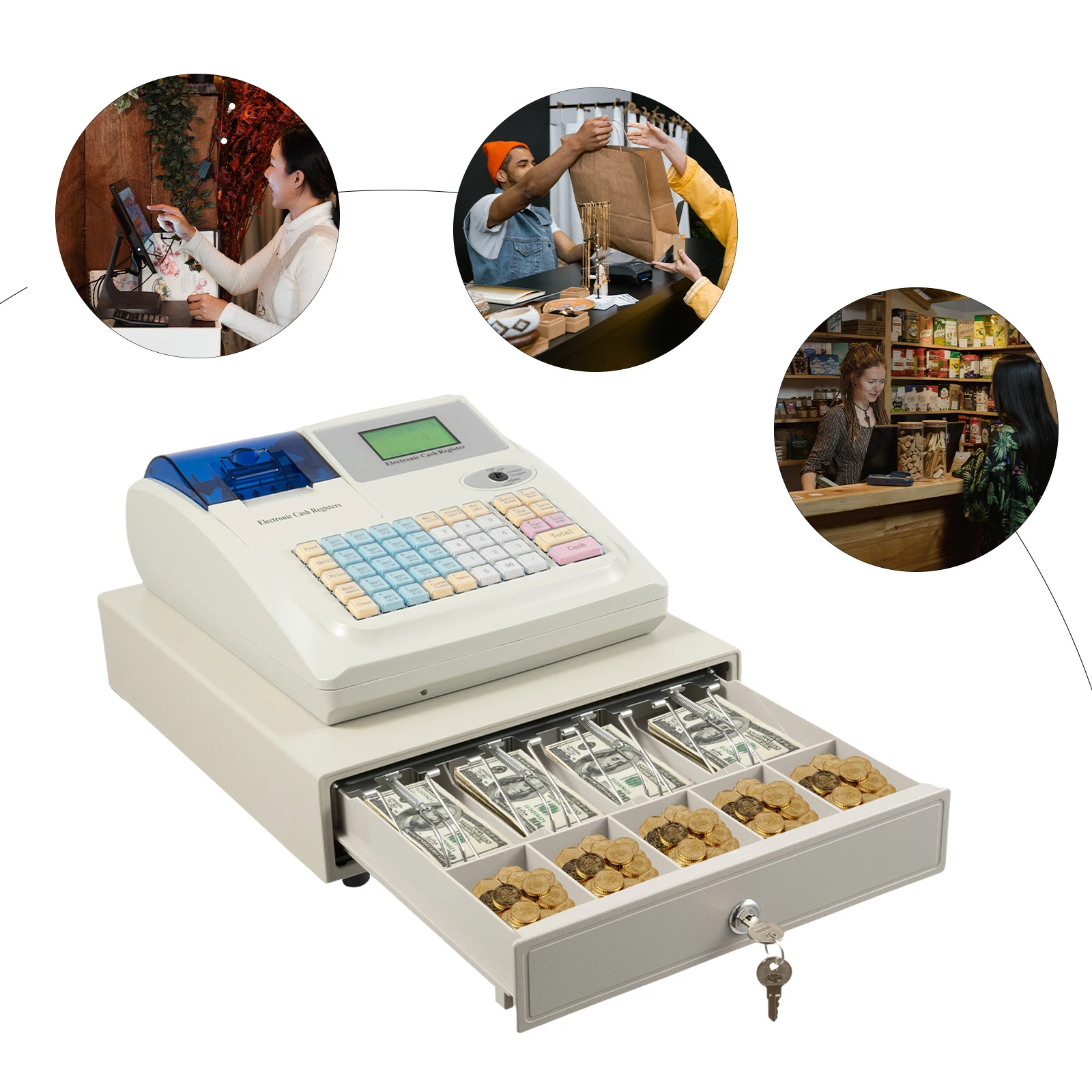 Supermarket Cash Register, 4 Bill Compartments, 5 Coin Compartments, Automatic Pop-Up Design, Employee and Customer Screens,
Supermarket Cash Register, 4 Bill Compartments, 5 Coin Compartments, Automatic Pop-Up Design, Employee and Customer Screens,