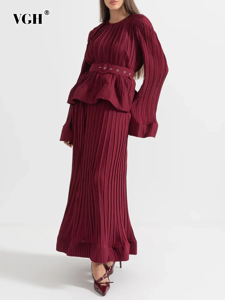 VGH Temperament Two Piece Set For Women Round Neck Long Sleeve Patchwork Belts Tops High Wiast Skirts Elegant Set Female Fashion
VGH Temperament Two Piece Set For Women Round Neck Long Sleeve Patchwork Belts Tops High Wiast Skirts Elegant Set Female Fashion