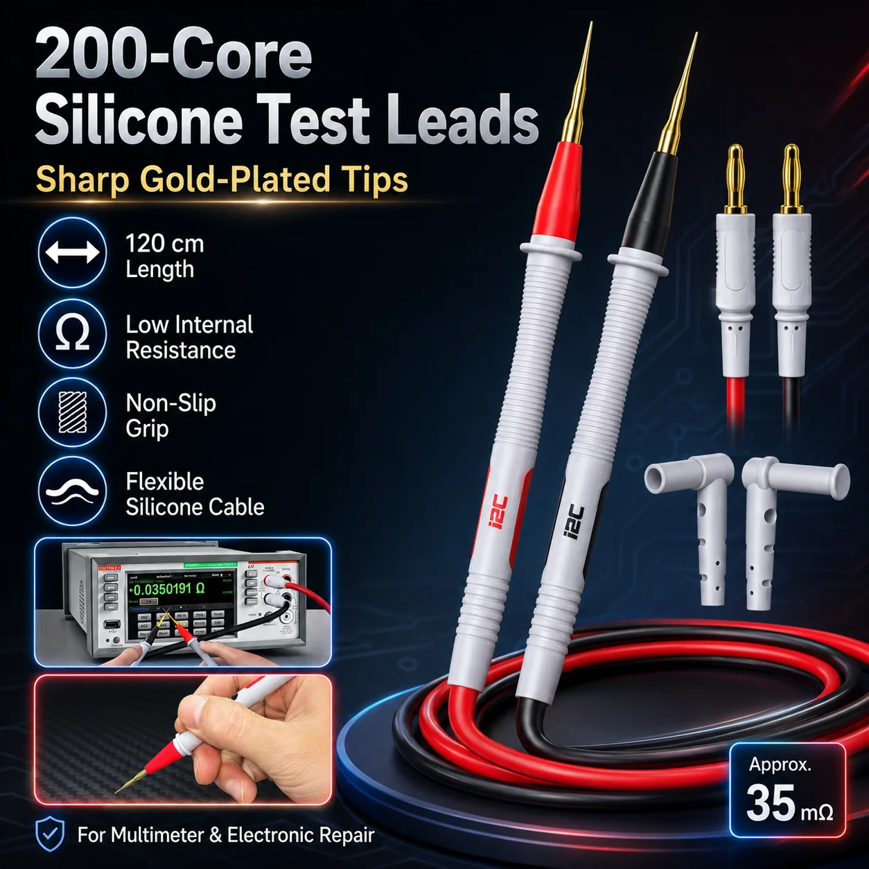 I2C 200-Core 120CM Silicone Test Leads Gold Plated Tips High Temp Resistant Bend Straight Plug Multimeter Probe Cable Repair Kit
I2C 200-Core 120CM Silicone Test Leads Gold Plated Tips High Temp Resistant Bend Straight Plug Multimeter Probe Cable Repair Kit