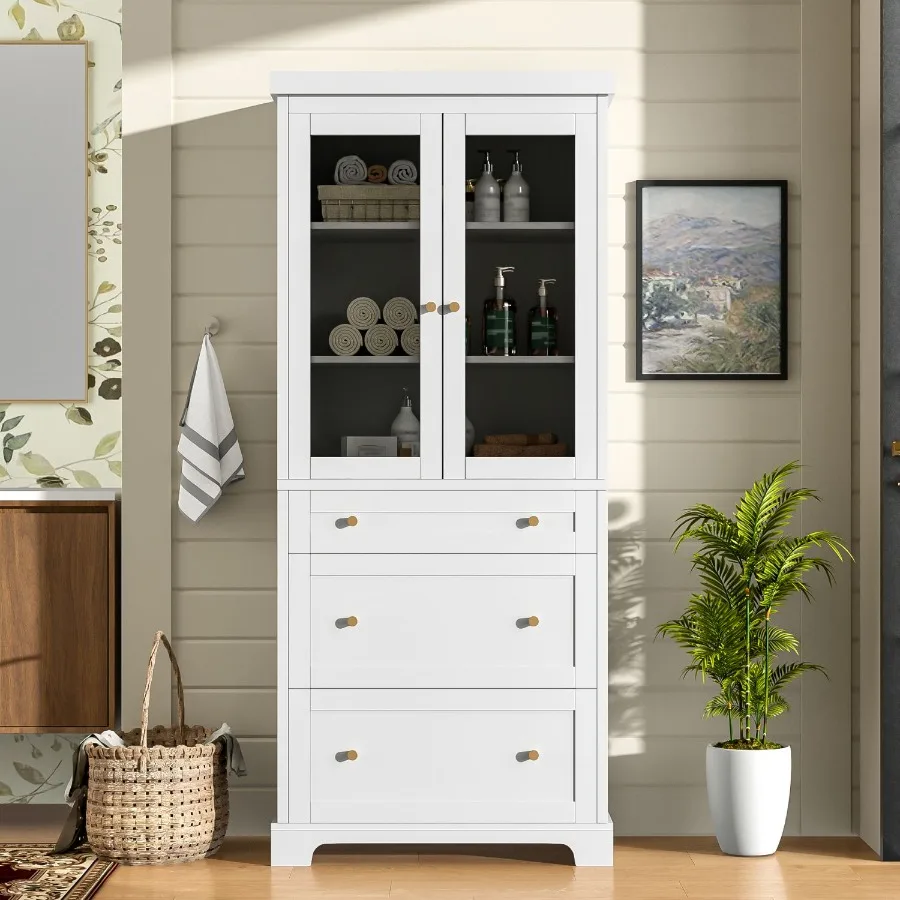 70.1 Modern High Freestanding Tall Bathroom Cabinet with 2 Adjustable Shelves 3 Drawers Soft Close Glass Doors Ideal for Bathro 
70.1 Modern High Freestanding Tall Bathroom Cabinet with 2 Adjustable Shelves 3 Drawers Soft Close Glass Doors Ideal for Bathro