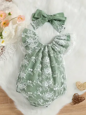 Baby Girl Summer Vintage Lace Embroidered Romper Mint Green Tulle Sleeve Harvey + Matching Large Bow Hairband Set