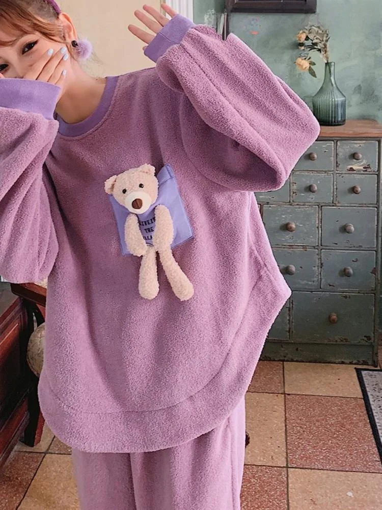 Korean Sle Bear Plu Spwear Soft Flannel Warm Loose plus Size Home Clothes Set Cartoon Cute Sle Long Sve round Ne
Korean Sle Bear Plu Spwear Soft Flannel Warm Loose plus Size Home Clothes Set Cartoon Cute Sle Long Sve round Ne