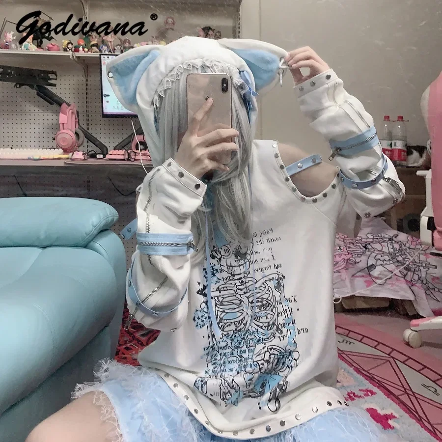Spring Fall New Girls Loose Off-the-Shoulder Stitching Sleeve Cat Ear Hooded Sweatshirt Women Rivet Pullover Hoodies Y2K Tops
Spring Fall New Girls Loose Off-the-Shoulder Stitching Sleeve Cat Ear Hooded Sweatshirt Women Rivet Pullover Hoodies Y2K Tops