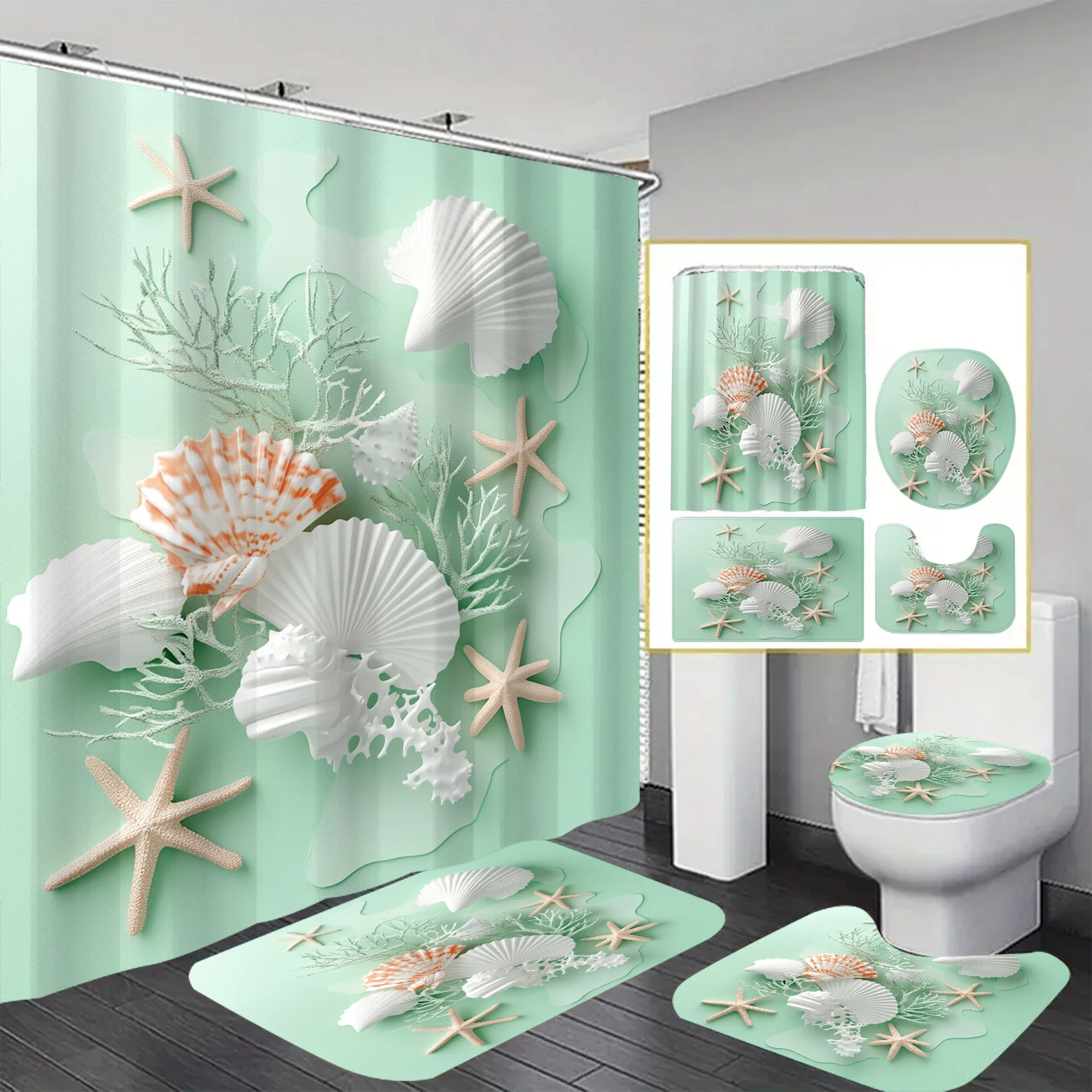 Elegant Seashell Print Shower Curtain Four-Piece Set - Modern Bathroom Decor for a Coastal and Stylish Ambiance
Elegant Seashell Print Shower Curtain Four-Piece Set - Modern Bathroom Decor for a Coastal and Stylish Ambiance