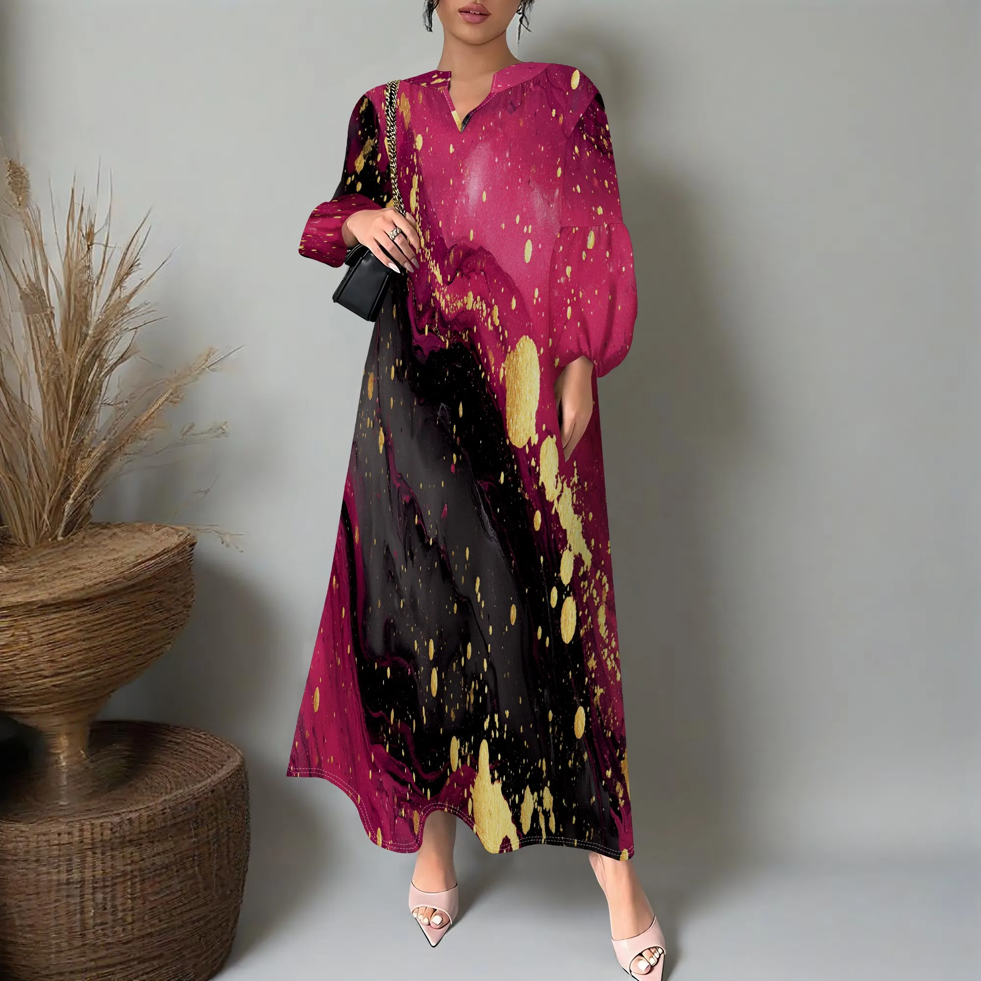 Women’s Watercolor Print Long Sleeve Maxi Dress Elegant V Neck Loose Fit Autumn Winter Party Gown XS-3XL 
Women’s Watercolor Print Long Sleeve Maxi Dress Elegant V Neck Loose Fit Autumn Winter Party Gown XS-3XL