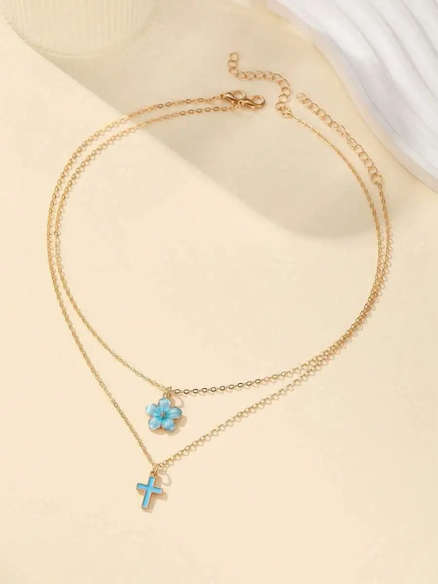 Two Layer Blue Flower And Cross Pendant Chain Necklace For Women
Two Layer Blue Flower And Cross Pendant Chain Necklace For Women