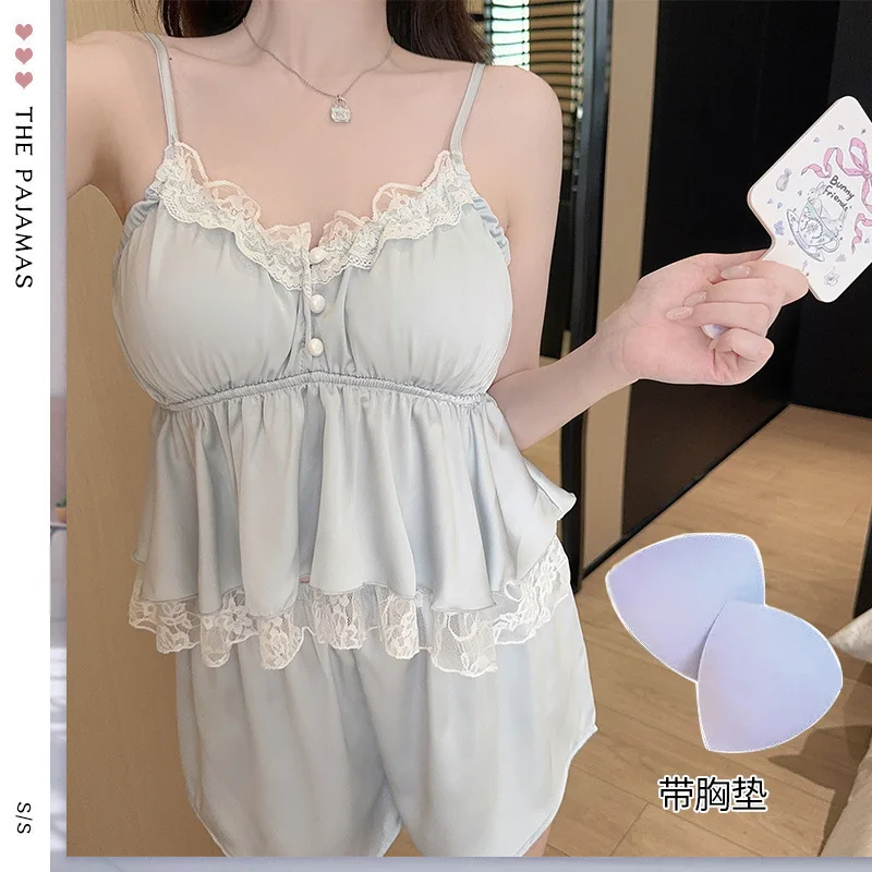 Women's Lace Pajama Set Summer Sleeveless Top Shorts Pajamas 2 Set Female Sexy Ice Silk Home Clothing Sling
Women's Lace Pajama Set Summer Sleeveless Top Shorts Pajamas 2 Set Female Sexy Ice Silk Home Clothing Sling