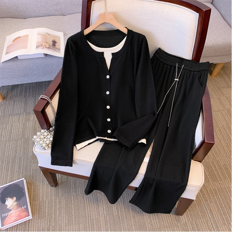 Autumn Winter Two-piece Set For Women 2023 Knitted Sweater Tops And Wide Leg Pants Large Size Female Black Casual Sport Suits
Autumn Winter Two-piece Set For Women 2023 Knitted Sweater Tops And Wide Leg Pants Large Size Female Black Casual Sport Suits