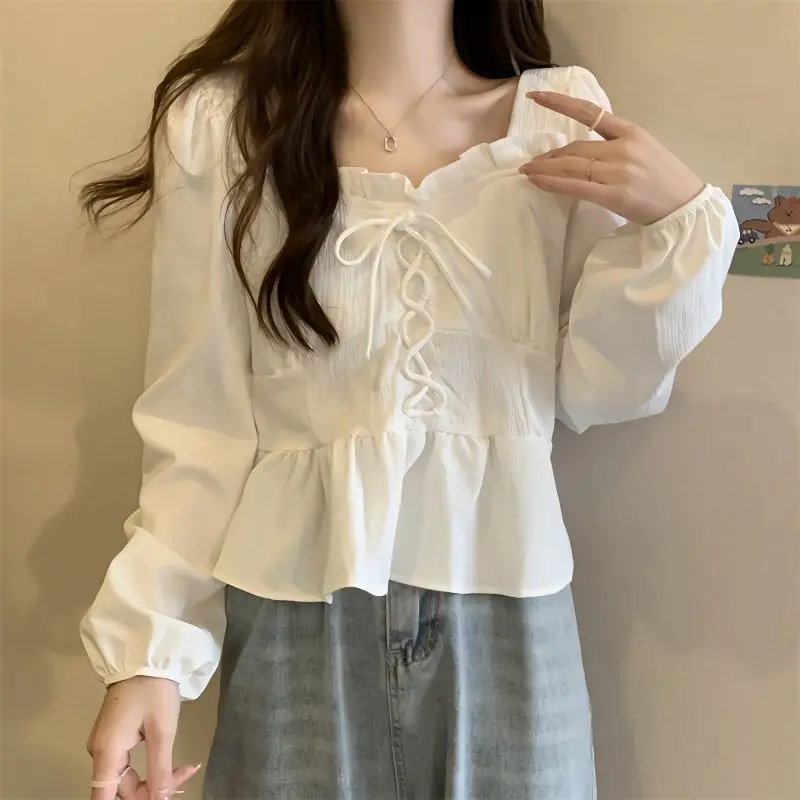 Ruffles Women Shirt Korean Long Sleeve Top Female Autumn Elegant Solid Lace-up Fashion Woman Blouse 2024 Square Collar Clothes
Ruffles Women Shirt Korean Long Sleeve Top Female Autumn Elegant Solid Lace-up Fashion Woman Blouse 2024 Square Collar Clothes