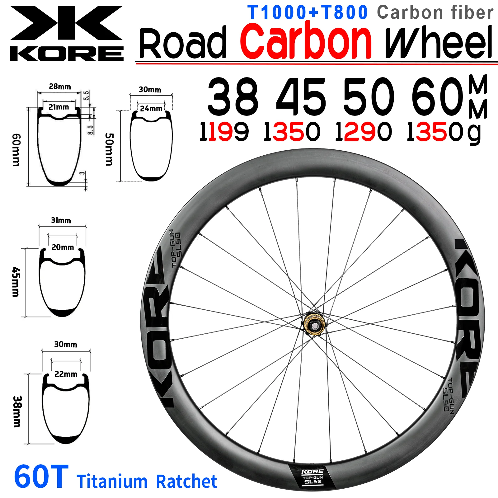 KORE 700C Carbon Disc Rims,38/45/50/60mm Wheelset ,60T Titanium Ratchet Hub,HG\XDR,24H,Tubeless,Road Carbon Racing Bike Wheels
KORE 700C Carbon Disc Rims,38/45/50/60mm Wheelset ,60T Titanium Ratchet Hub,HG\XDR,24H,Tubeless,Road Carbon Racing Bike Wheels