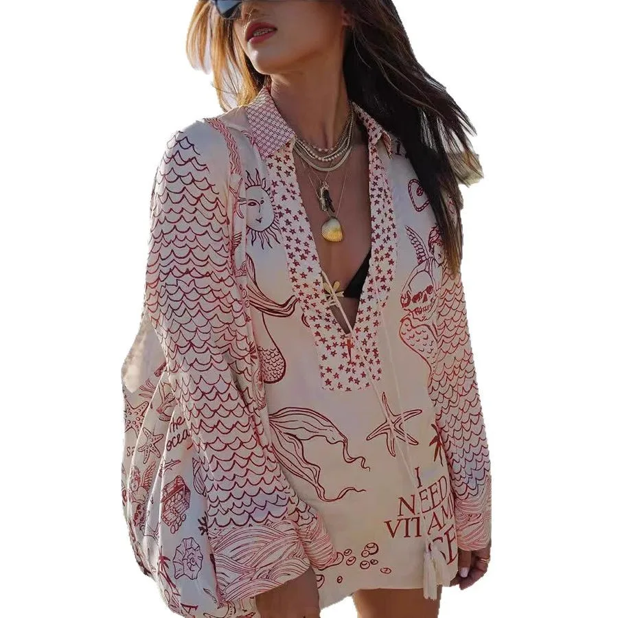 Summer Women's Loose Printed Casual Shirt Shorts Set V-Neck Long Sleeve Vacation Wear Comfortable Breezy Fashionable Outfit
Summer Women's Loose Printed Casual Shirt Shorts Set V-Neck Long Sleeve Vacation Wear Comfortable Breezy Fashionable Outfit