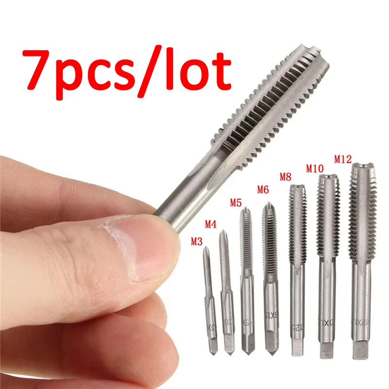 M3-M12 Screw Tap 7Pcs/Set HSS Metric Right Hand Machine Straight Fluted Thread Tap Plug Tap Drill Bits Set Metric Hand Tools Tap