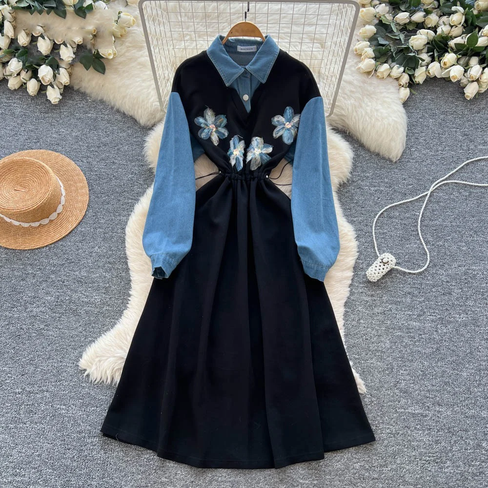 Korea Chic Moda Holiday Patchwork Dress Fake Two Pieces Drawstring Slim Robe Panelled Embroidery Casual Fashion Vestidos
Korea Chic Moda Holiday Patchwork Dress Fake Two Pieces Drawstring Slim Robe Panelled Embroidery Casual Fashion Vestidos