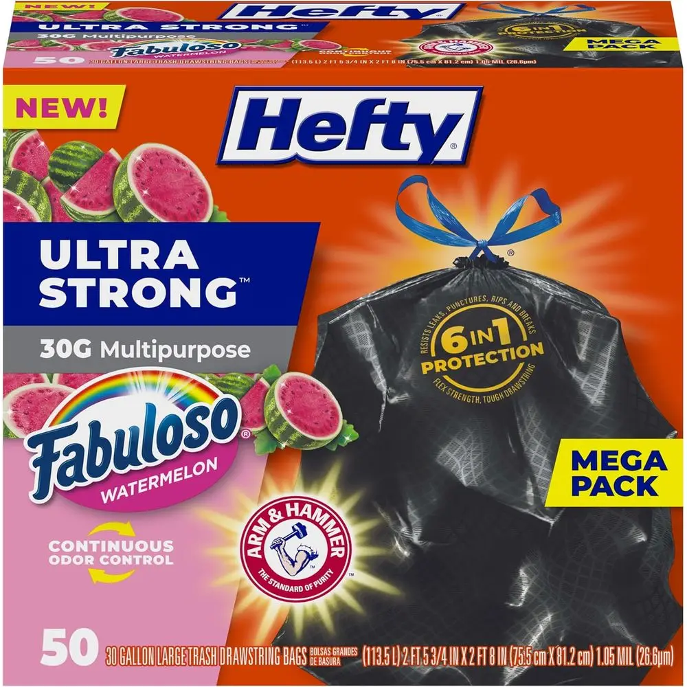 Extra Durable 30 Gallon Large Trash Bags, Multipurpose, Leak and Tear Resistant, Black, 50 Count, Watermelon Fragrance
Extra Durable 30 Gallon Large Trash Bags, Multipurpose, Leak and Tear Resistant, Black, 50 Count, Watermelon Fragrance