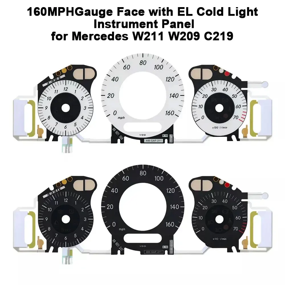 160MPH White Black Gauge Face with EL Cold Light Overlay for Mercedes W211 E320 E350 E500 E55 E63 W209 C219 Instrument Cluster
160MPH White Black Gauge Face with EL Cold Light Overlay for Mercedes W211 E320 E350 E500 E55 E63 W209 C219 Instrument Cluster