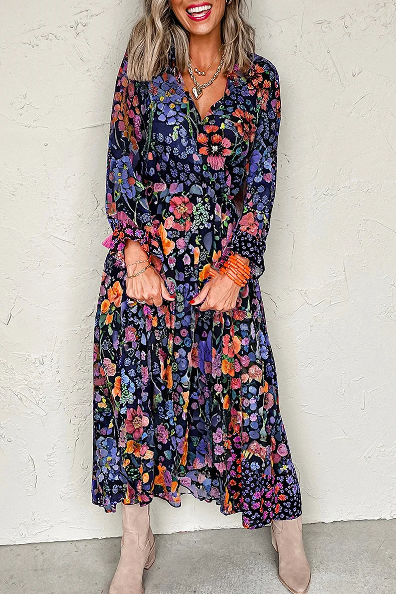 Retro Floral Print V-neck Long-sleeve Dress For Women 2025 Summer New High Waist Drape Long Dress
Retro Floral Print V-neck Long-sleeve Dress For Women 2025 Summer New High Waist Drape Long Dress